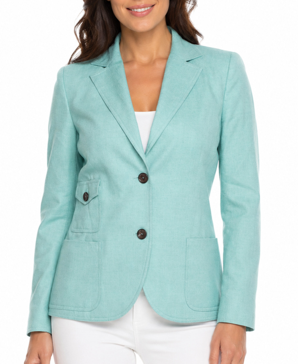 AKRIS Cashmere Aqua Blue Jacket Blazer Front Patch Pockets Two Button Front 10 M